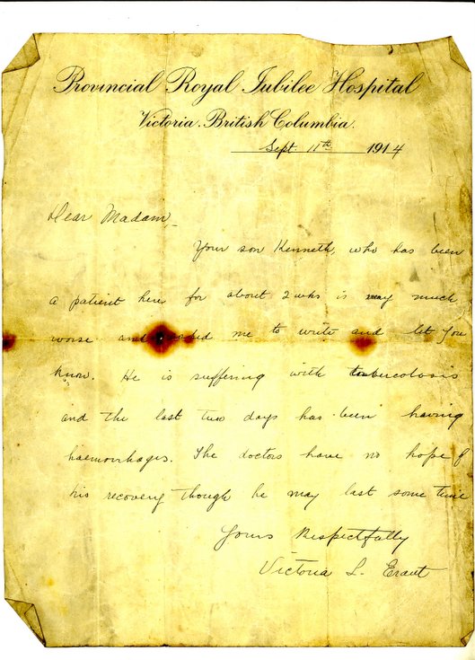 Letter from Provincial Royal Jubilee Hospital 1914