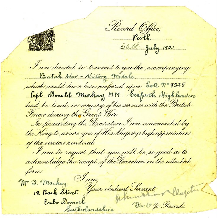 Record Office Perth letter 1921 forwarding medals