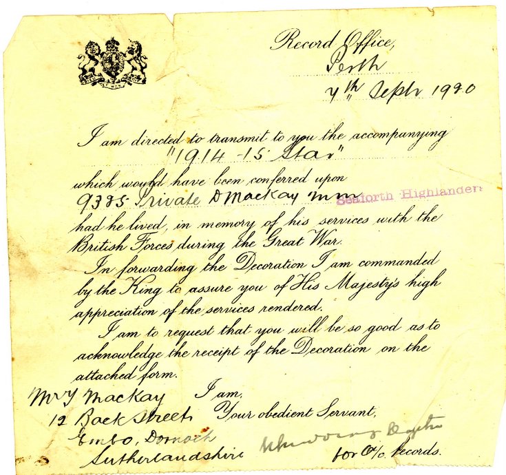 Record Office Perth letter forwarding 1914-15 Star