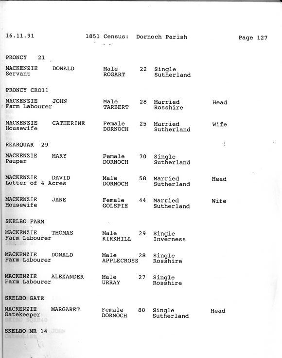 1851 Dornoch Parish Census Page 127