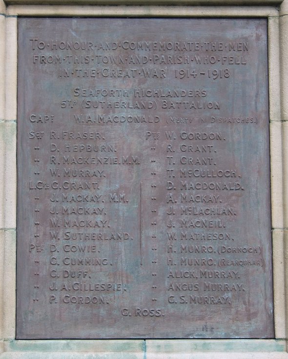 Dornoch War Memorial front plaque WW1