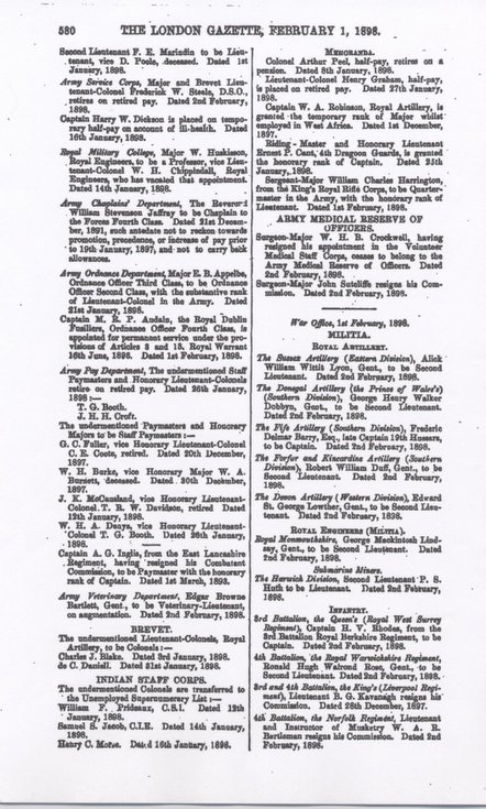 Extract from London Gazette Feb 1 1898