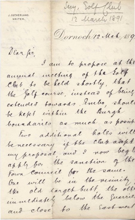 Letter re extension of golf course ~ 1891