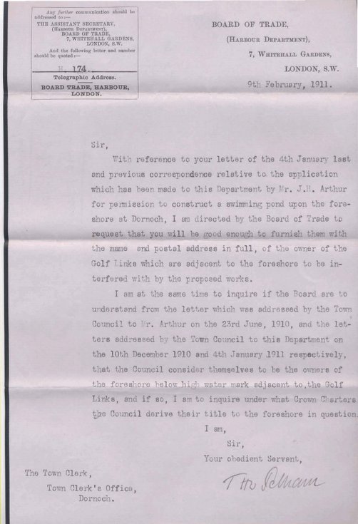 Letter from Board of Trade re swimming pool ~ 1911