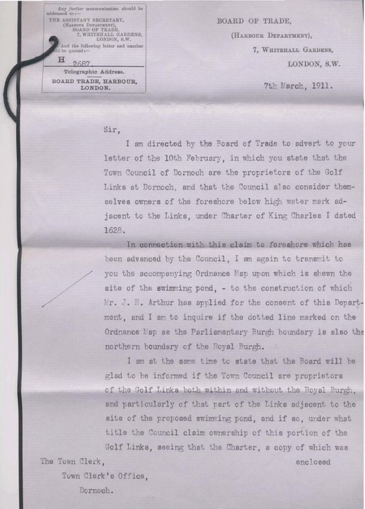 Letter from Board of Trade re swimming pool ~ 1911