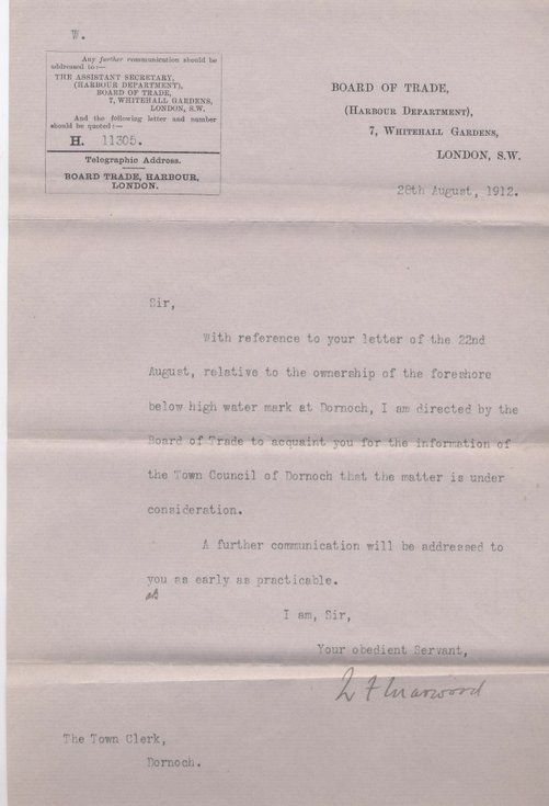Letter from Board of Trade re foreshore ~ 1912