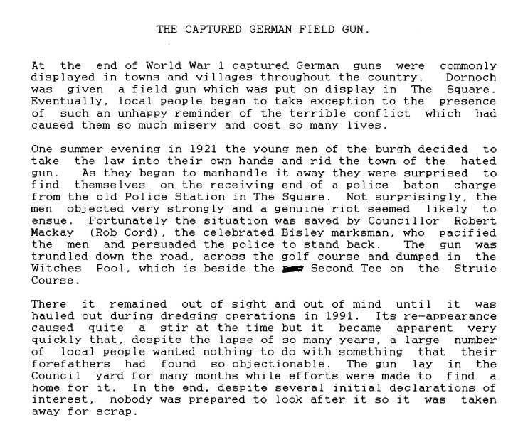 Notes on captured German field gun in Dornoch