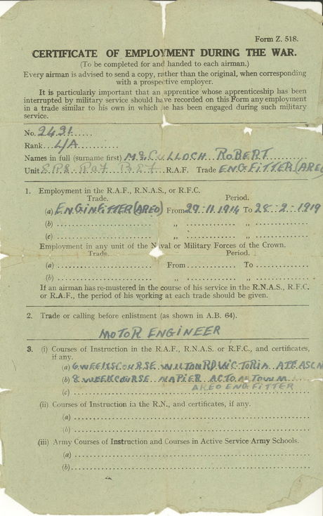 Certificate of Employment during the War (WW1)