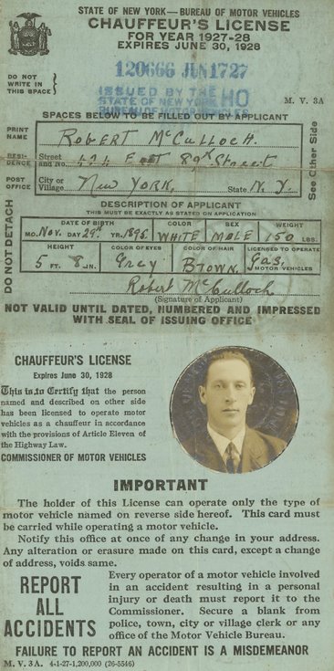 1927 New York Drivers Licence Robert McCulloch