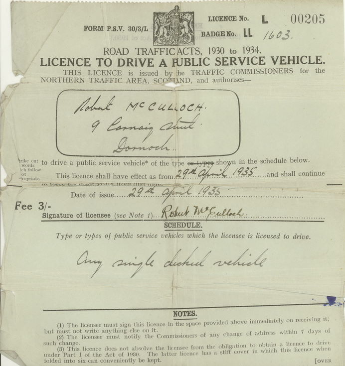 1935 Northern Traffic Area Scotland Drivers Licence Robert McCulloch