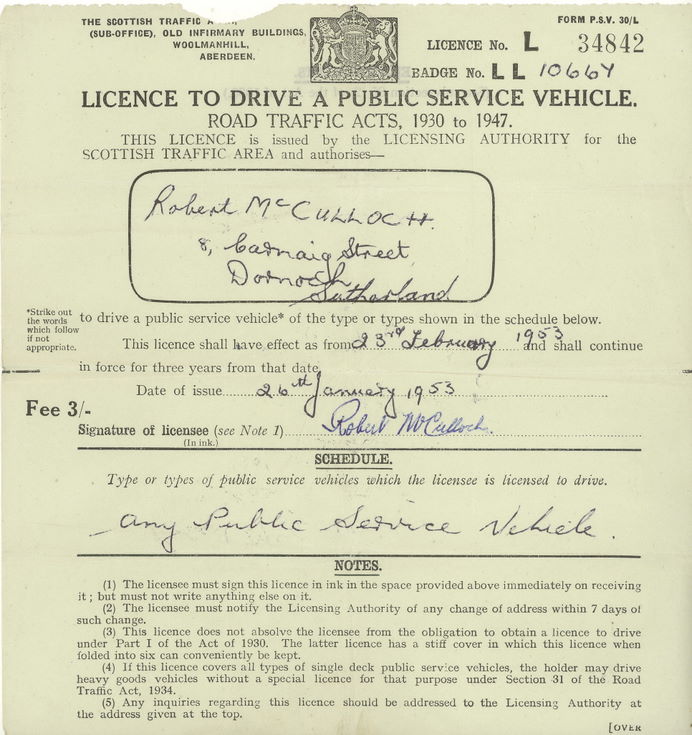 1953 ScottishTraffic Area Drivers Licence Robert McCulloch