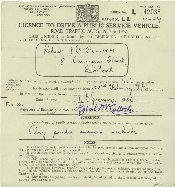 1956 ScottishTraffic Area Drivers Licence Robert McCulloch