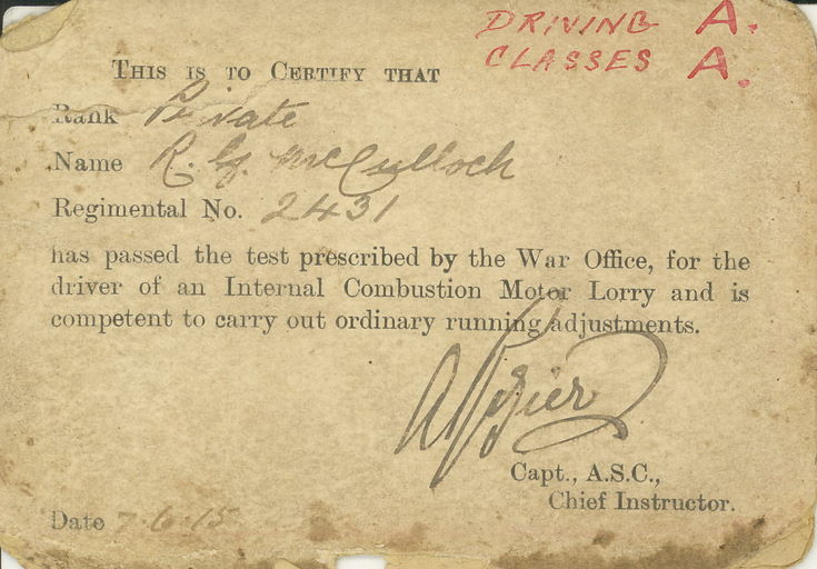 1915 Army Driving certificate Robert McCulloch