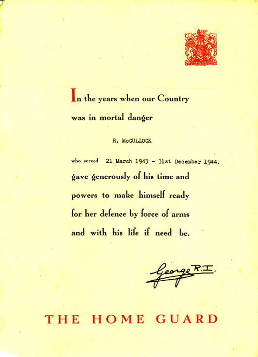 Home Guard Certificate Robert McCulloch