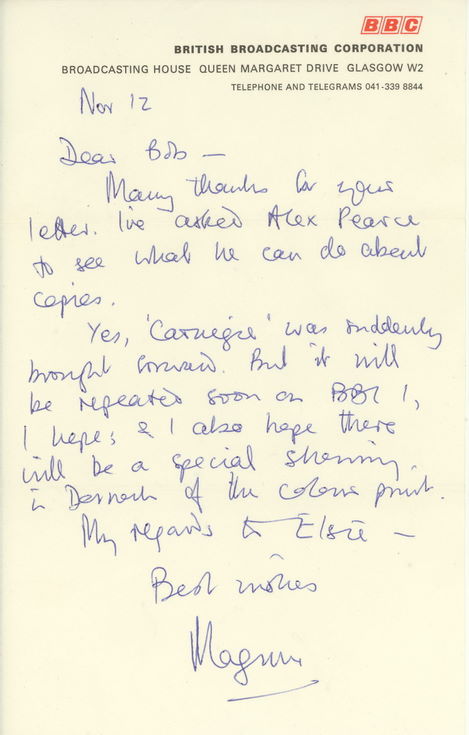 BBC thank your letter from Magnus Magnusson Nov 1969