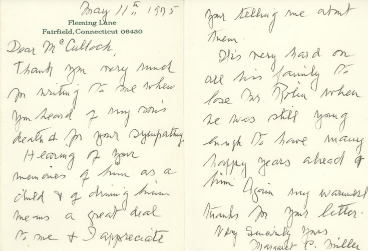 Thank you letter to Robert McCulloch from Mrs Miller