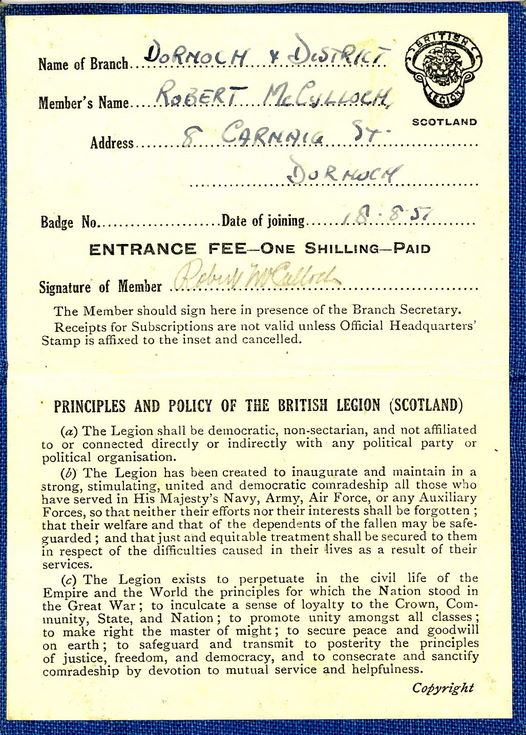 British Legion of Scotland Membership Card 1957