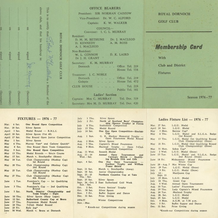 Royal Dornoch Golf Club Membership Card 1976-77