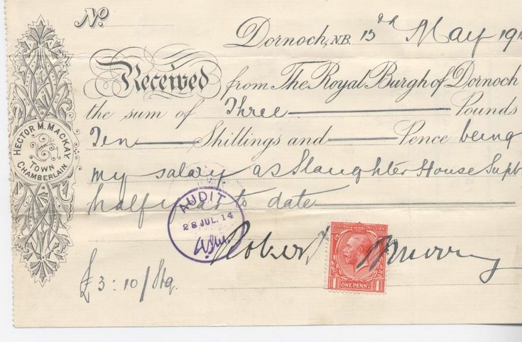 Receipt for slaughterhouse superintendent's salary 1914