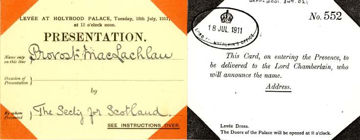 Admittance card for presentation at Holyrood
