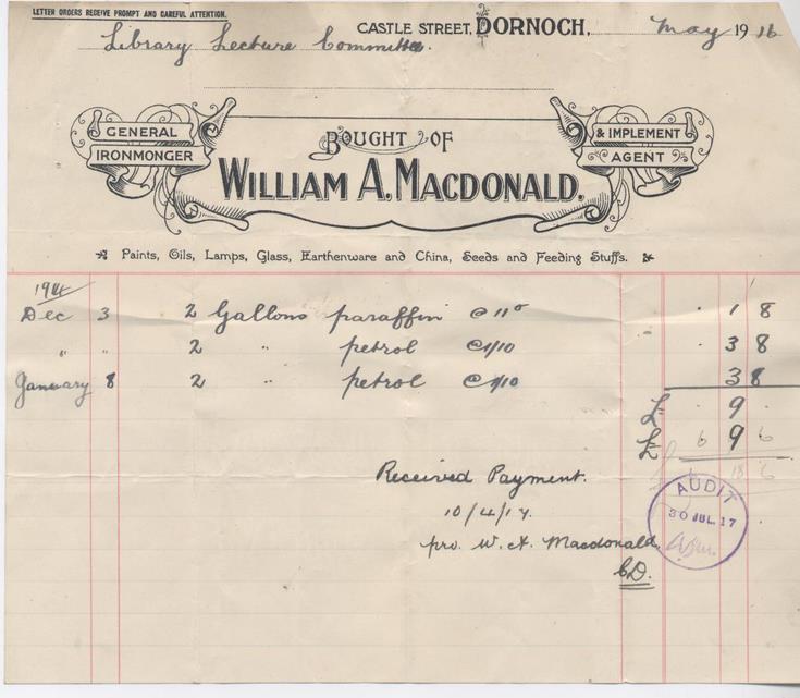 Bill for paraffin 1916
