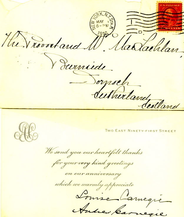 Thank you card from Andrew Carnegie