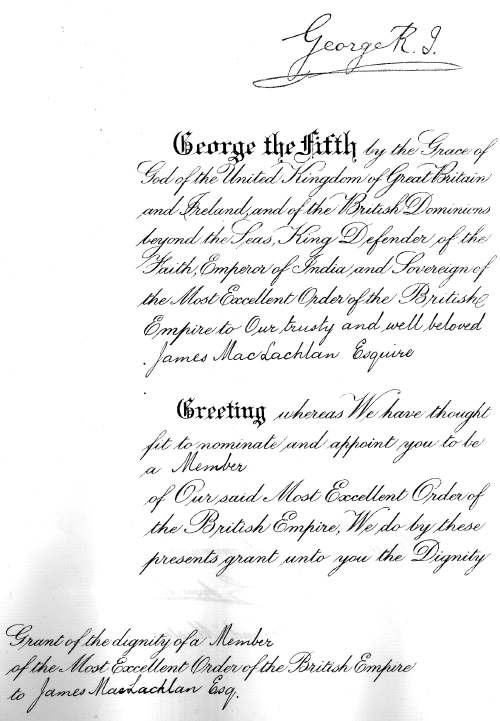 Grant of MBE to James MacLachlan