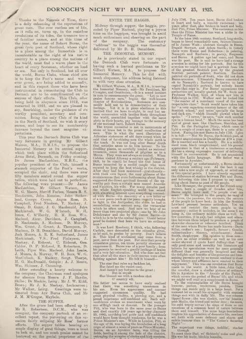 Report of Dornoch Burns Night 1925
