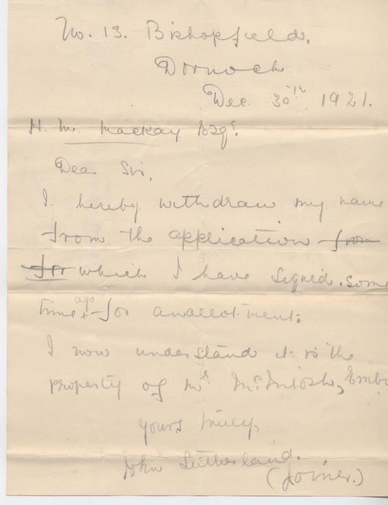 Withdrawal of application for allotment 1921