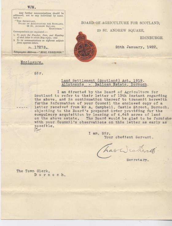 Letter from Board of Agriculture re. allotments 1922