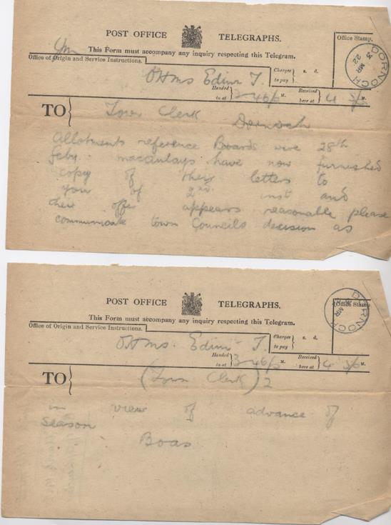 Telegram from Board of Agriculture re. allotments 1922