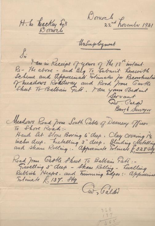 Letter re. reconstruction of Meadows Road 1921