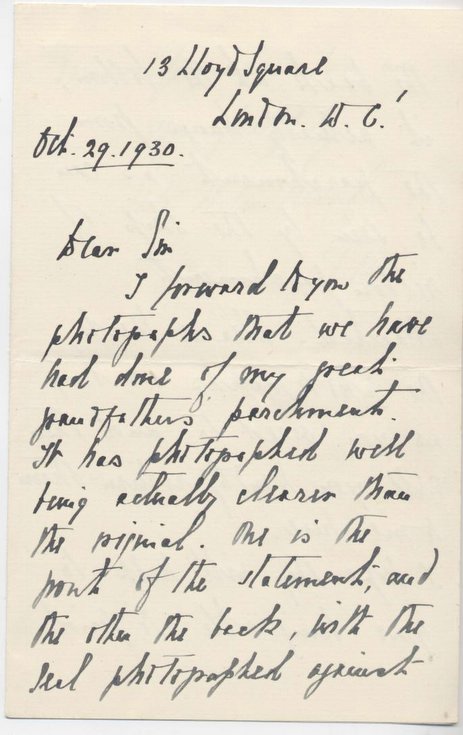 Letter re 1771 freedom of burgh granted to John Mackenzie 1930