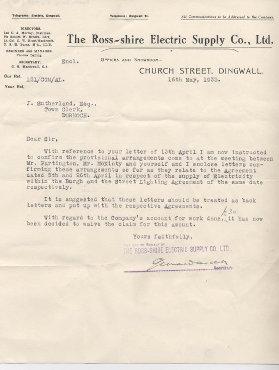 Letters from Ross-shire Electricity Supply Co 1933