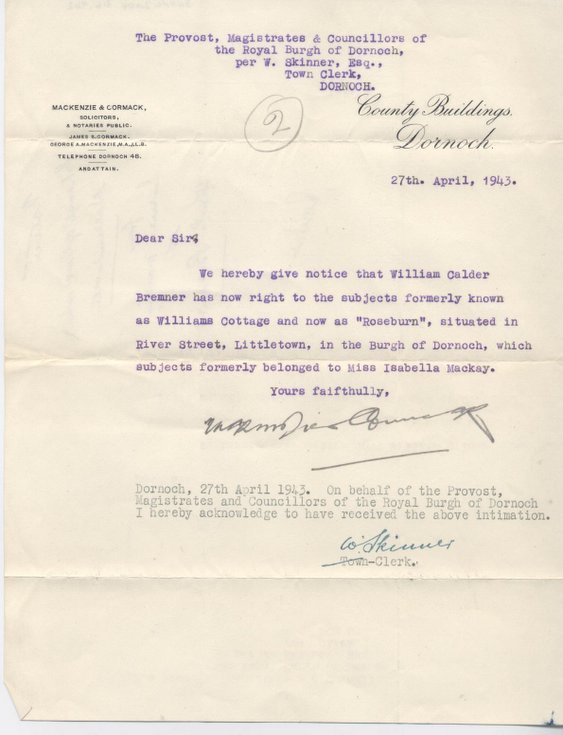 Change of ownership ~ Williams Cottage 1943