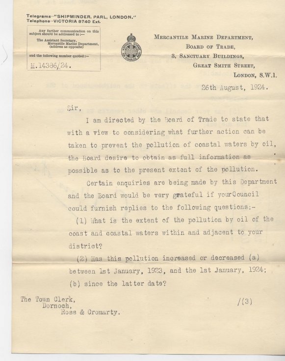 Letter re. pollution of coastal waters 1924