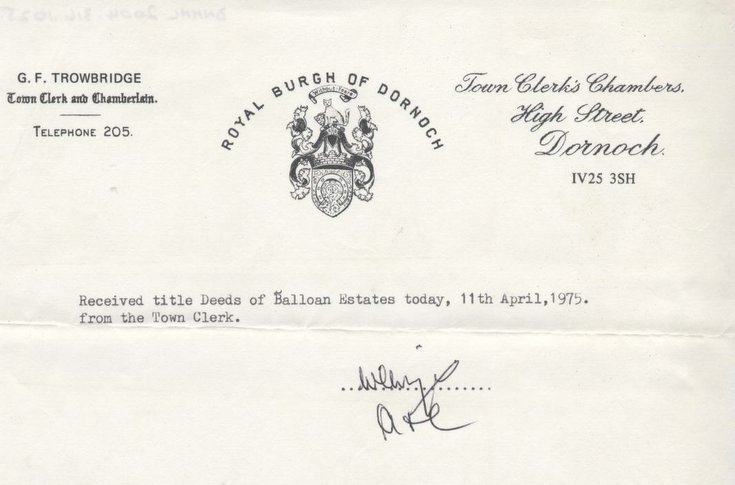 Receipt for Balloan title deeds 1975