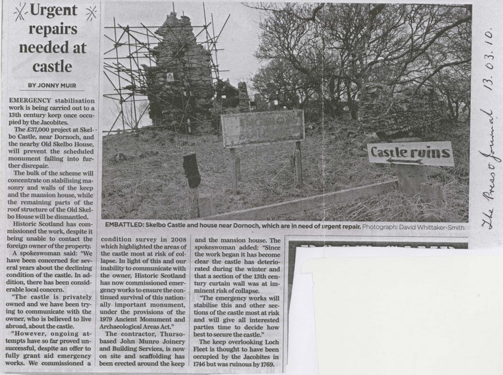 Newspaper cutting concerning urgent repairs to Skelbo Castle