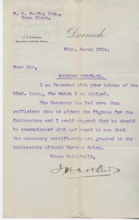 Letter re. dispute with contractors 1924